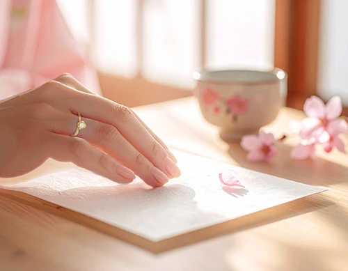 花モチーフの婚約指輪を着けた美しい手元イメージ