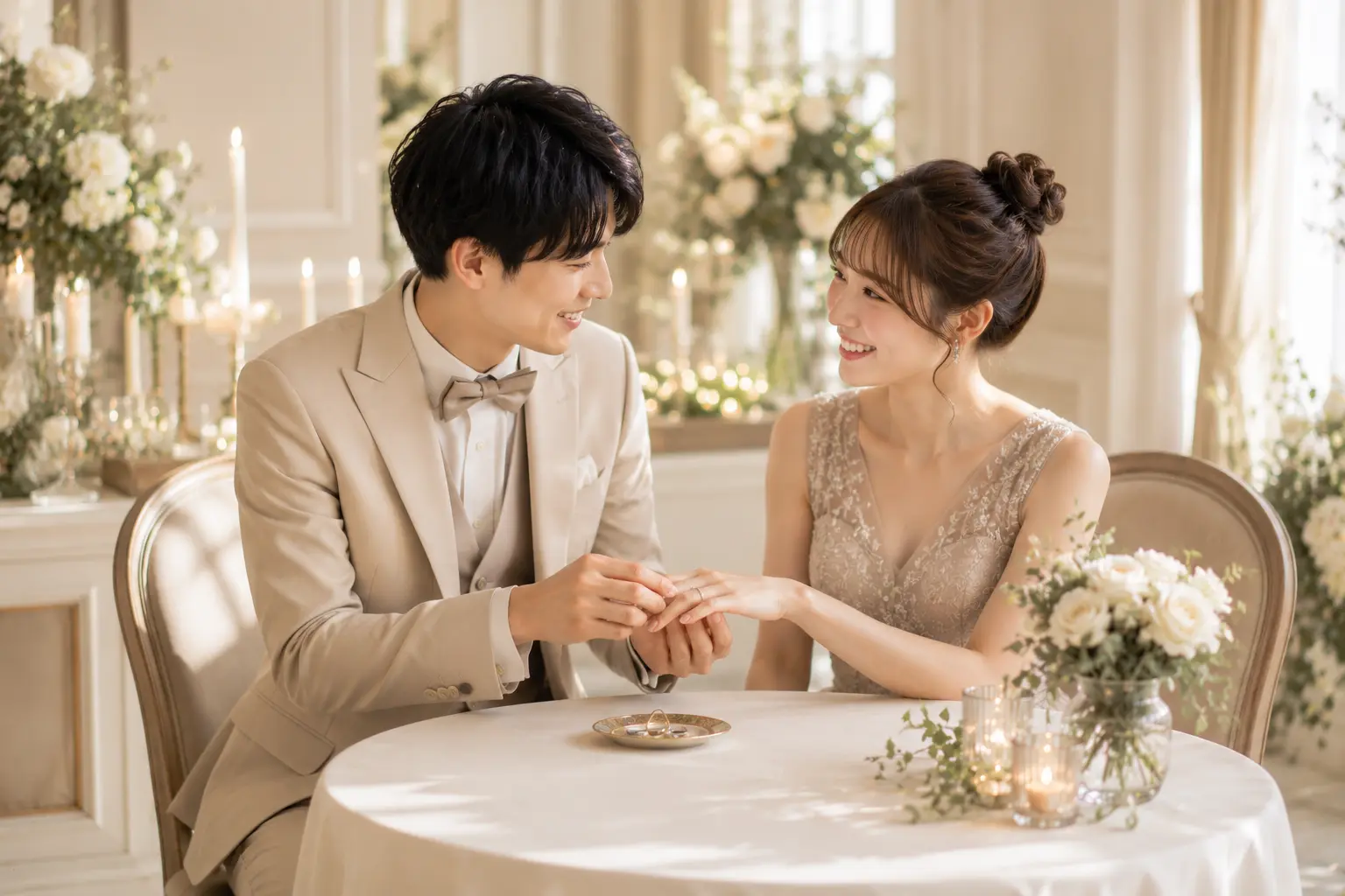 結婚指輪のイメージをお互いにはめる男女のイメージ