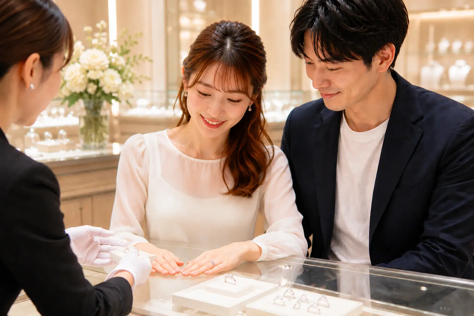 婚約指輪を試着するカップルのイメージ
