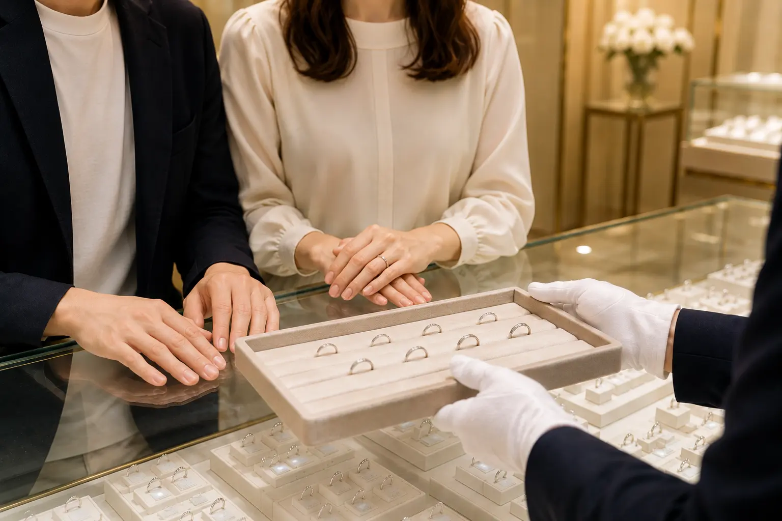 結婚指輪を試着して比較する様子