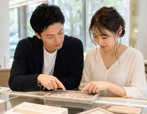 さまざまな結婚指輪のデザインを見比べるふたり