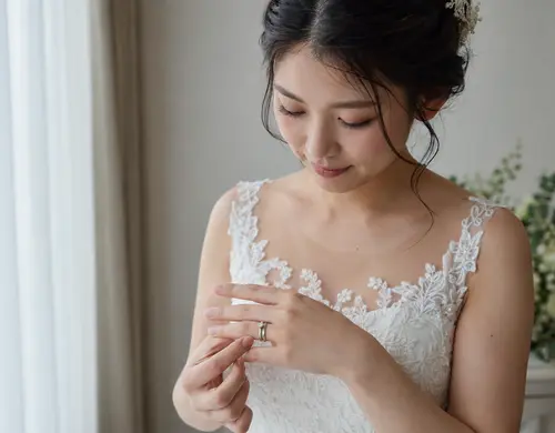 結婚式当日に婚約指輪と結婚指輪を重ねる花嫁