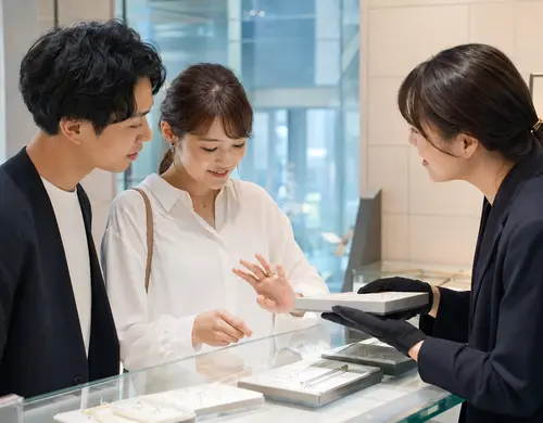 ジュエリーショップで婚約指輪を試着するカップル