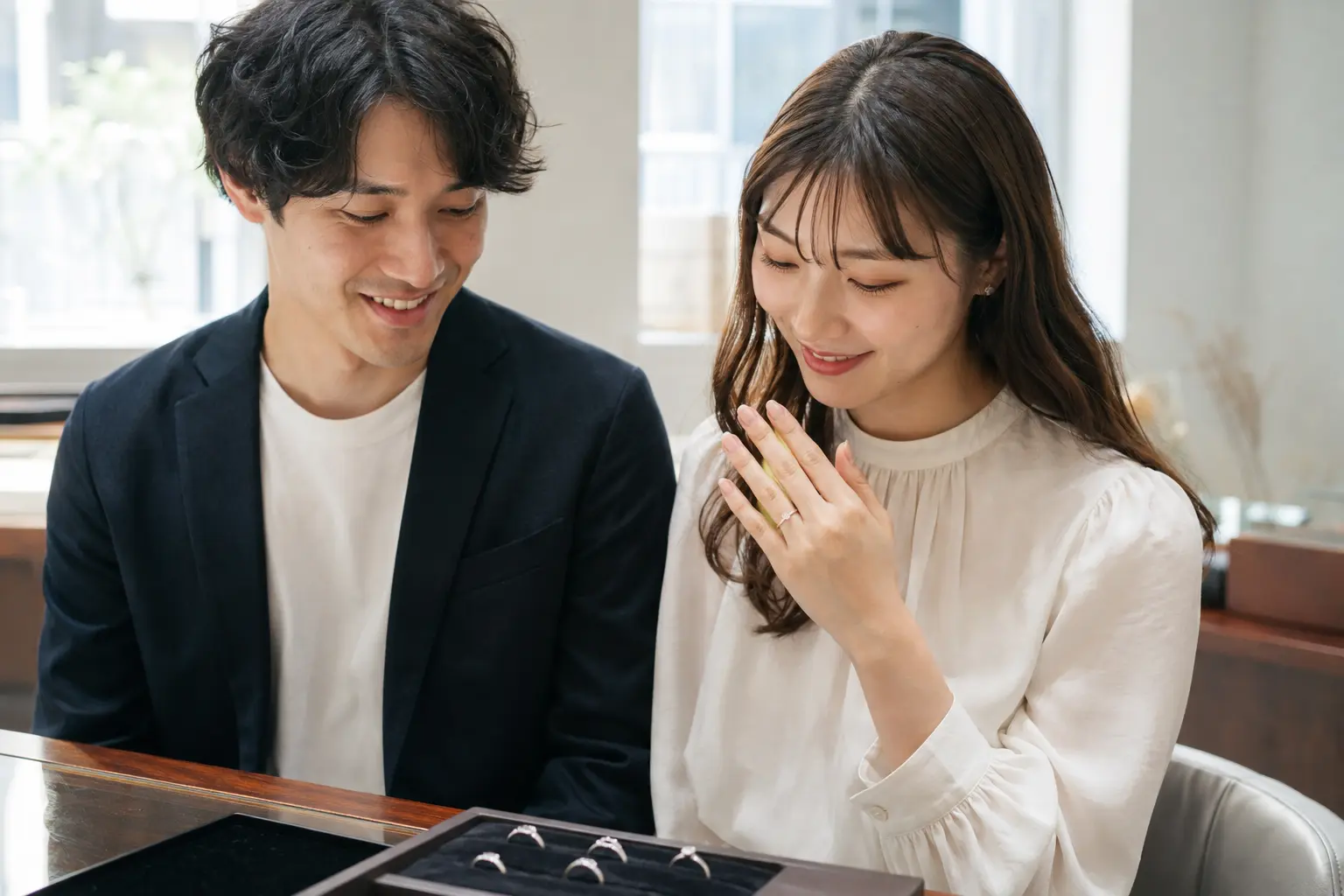 婚約指輪を試着して着け心地を確かめる女性